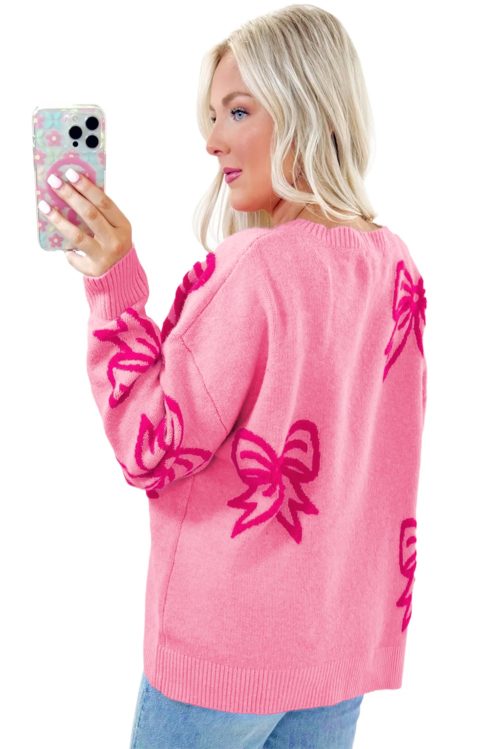 Women's Pink Bow Pattern Drop Shoulder Loose Fit Sweater - Cozy Winter Knit