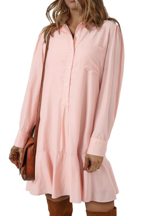 Women's Delicacy Solid Color Flounce Hem Buttoned Turn Down Collar Dress