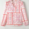 Women's Desert Flower Vintage Print Smocked Poet Collar Blouson Sleeve Blouse - Image 9