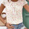 Women's Pink Floral Print Crochet Cap Sleeve Blouse with Embroidery Detail - Image 3