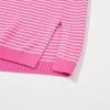 Women's Pink Striped Scallop V Neck Loose Sweater with Side Slits - Image 17