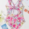 Women's Pink Floral Ruffle Trim V Neck Lace-up Back Tummy Control One Piece Swimsuit - Image 10