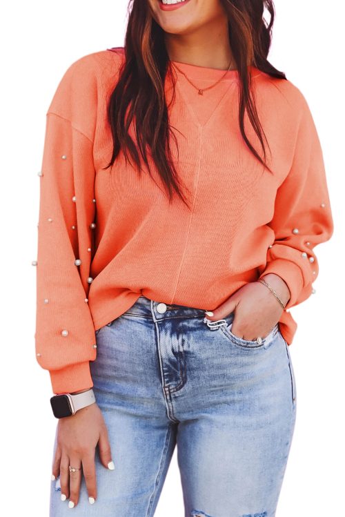 Women's Blossom Pearled Sleeves Drop Shoulder Round Neck Pullover Sweatshirt
