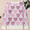 Women's Pink Heart Leopard Print Fuzzy Sweater with Pearled Ribbed Trim - Image 7