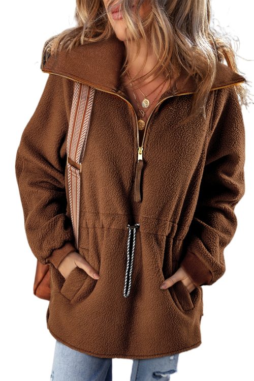 Women's Brown Half Zip Fleece Pullover Sweatshirt for Casual Comfort