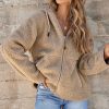 Women's Pale Khaki Fleece Zip Up Hooded Jacket with Drawstring and Pockets - Image 7