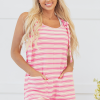 Women's Pink Stripe Knotted Strap Patched Pocket Casual Romper - Image 5