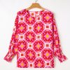 Women's Strawberry Pink Geometric Print Loose Blouse with Shirred Cuffs - Image 3