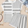 Women's Gray Stripe Mixed Print Short Sleeve Top and Pocketed Shorts Set - Image 9