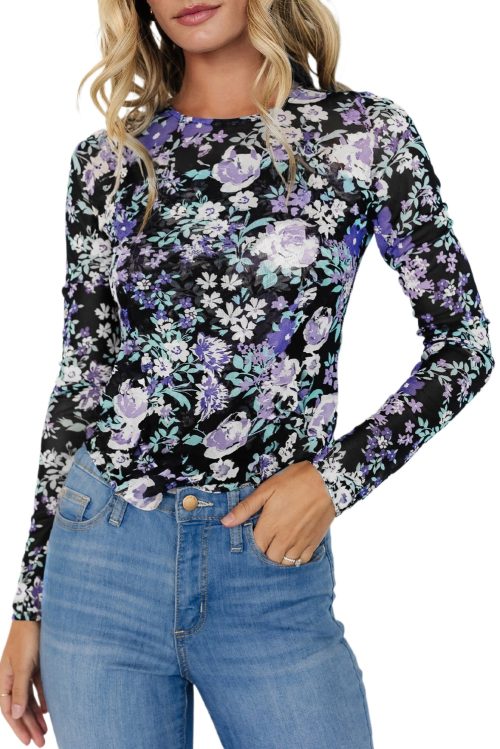 Women's Black Floral Print Mesh Fitted Long Sleeve Top - Elegant & Chic