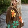 Women's Coffee Big Flower Pattern V Neck Drop Shoulder Sweater - Image 6