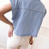 Women's Dusk Blue Denim Pinup Folded Cap Sleeve Shirt - Stylish Cropped Blouse - Image 11