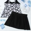 Black Plus Size Printed Square Neck Drawstring Ruffled Tankini Set for Women - Image 15