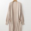 Women's Beige Long Knitted Cardigan with Puff Sleeves and Side Pockets - Image 4