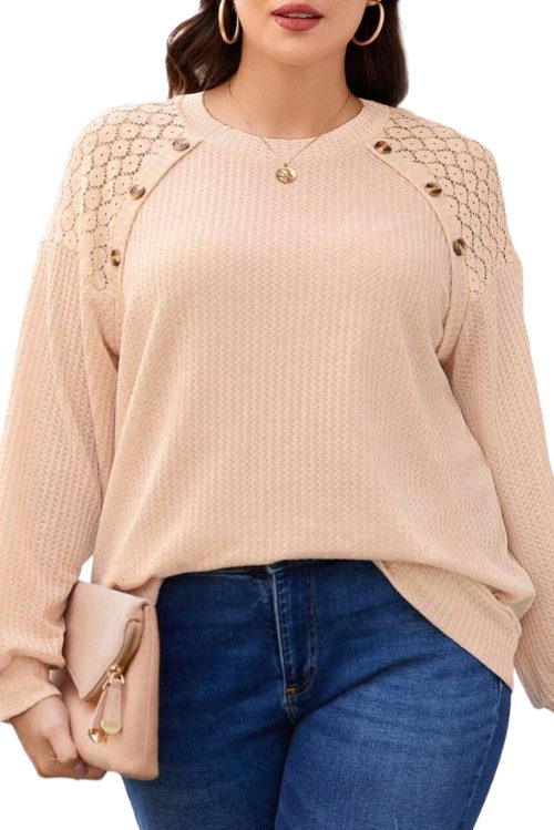 Women's Plus Size Beige Lace Patchwork Buttons Waffle Knit Top