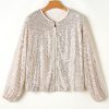 Women's Apricot Sequin Zip-Up Long Sleeve Round Neck Jacket - Image 6