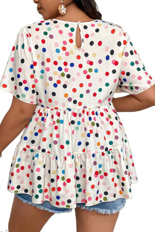 Plus Size Beige Colorful Polka Dot Print Short Sleeve Ruffled Babydoll Blouse