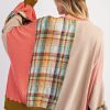 Women's Multicolour Waffle Knit Plaid Patchwork Sweatshirt with Side Slits - Image 3