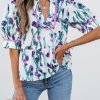 Women's Purple Floral Ricrac Trim Peplum Top with Puff Sleeves - Image 7