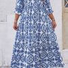 Plus Size Sky Blue Geometric Print Lace-up Notch Neck Maxi Dress - Image 4