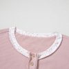 Women's Pink Waffle Floral Patchwork Short Sleeve Top with Exposed Seam Detail - Image 20