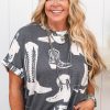 Women's Plus Size Gray Western Boots Print Crew Neck T-Shirt - Image 3