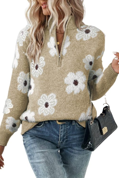 Women's Khaki Floral Pattern Half Zip Drop Shoulder Sweater