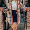 Plus Size Women's Brown Stripe Plaid Print Collared Button Up Jacket - Image 4