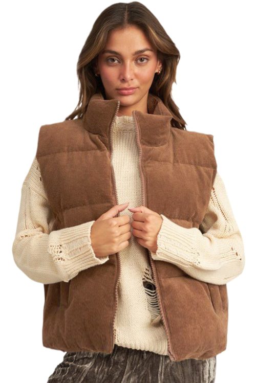 Women's Coffee Corduroy Stand Neck Zip Puffer Vest