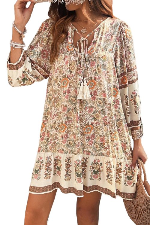 Women's Apricot Floral Print Mini Dress with Tassel Drawstring and V Neck