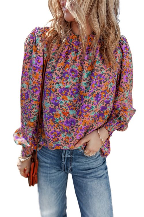 Women's Purple Floral Allover Print Shirred Cuff Frilled O Neck Blouse