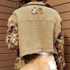 Women's Khaki Waffle Knit Floral Print Patchwork Button Up Jacket - Image 3