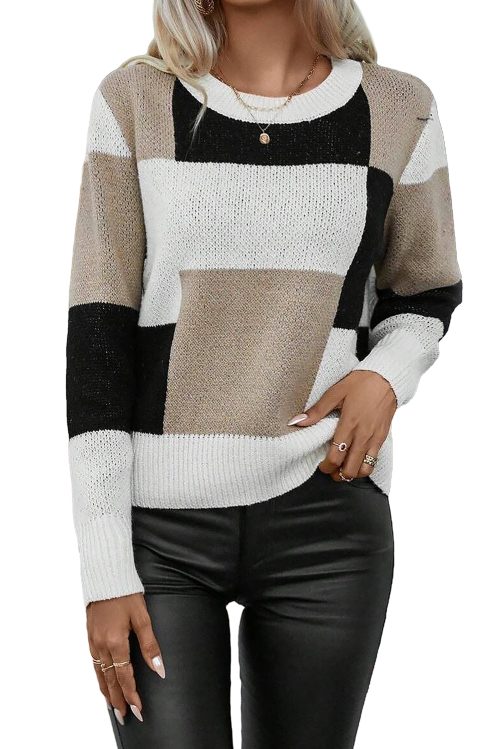 Women's Black Plaid Patchwork Long Sleeve Knitted Sweater