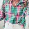 Women's Green Plaid 3/4 Sleeve Collared Loose Fit Shirt - Image 8