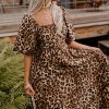 Brown Leopard Print Bubble Sleeve Square Neck Maxi Dress for Women - Image 7