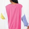 Plus Size Rose Red Colorblock Patchwork Striped Puff Sleeve Top with Slits - Image 3