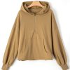 Women's Brown Fleece Lined Half Zipper Hoodie with Kangaroo Pockets - Image 7