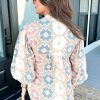 Women's Khaki Geometric Print Tassel Tie Split Neck Balloon Sleeve Blouse - Image 2