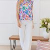 Women's Light Blue Geometric Printed Flutter Sleeve Mock Neck Shirred Blouse - Image 9