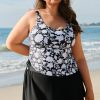 Black Plus Size Printed Square Neck Drawstring Ruffled Tankini Set for Women - Image 7