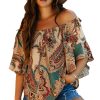 Women's Apricot Paisley Printed Off Shoulder Blouse with Ruffled Draped Sleeves - Image 22