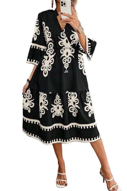 Women's Black Geometric Print 3/4 Sleeve Midi Western Dress