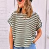 Women's Green Stripe Textured Crew Neck T-Shirt with Side Slits - Image 4