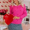 Women's Rose Red Heart Shape Drop Shoulder Sweater - Casual Round Neck Knit - Image 2