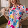 Women's Multicolour Abstract Print Blouse with Lace Detail and Shirred Short Sleeves - Image 5