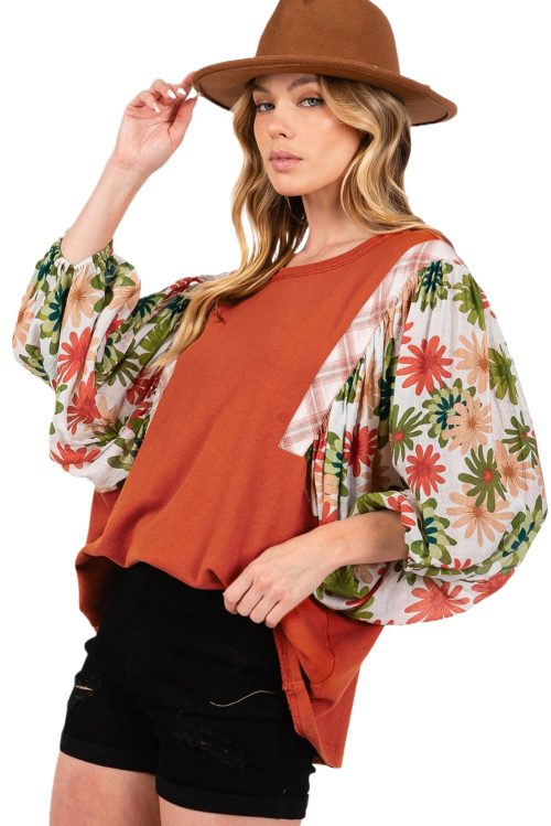 Women's Desert Gold Floral Puff Sleeve Blouse - Elegant Patchwork Design