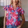 Women's Rose Red Floral Blouse with Ruffled Sleeves - Feminine V Neck Design - Image 5