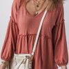 Women's Mineral Red Textured Frilled Trim V Neck Puff Sleeve Blouse - Chic and Casual - Image 6