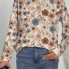 Women's Khaki Floral Print Loose Crew Neck Long Sleeve T-Shirt for Daily Wear - Image 5