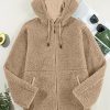 Women's Pale Khaki Fleece Zip Up Hooded Jacket with Drawstring and Pockets - Image 14